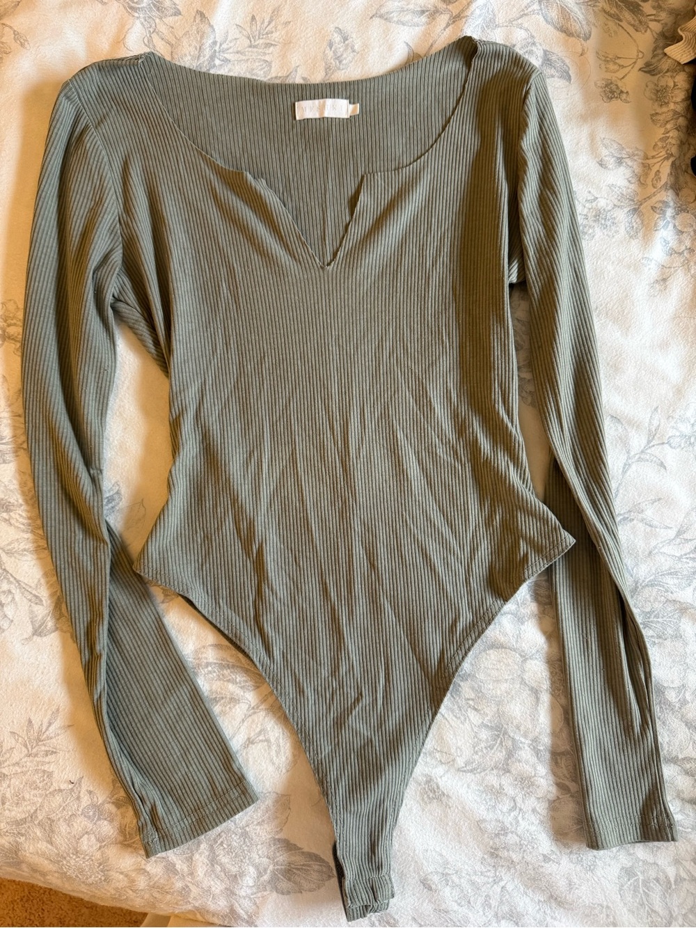 Meshki Ribbed Olive Green Long-Sleeve Bodysuit